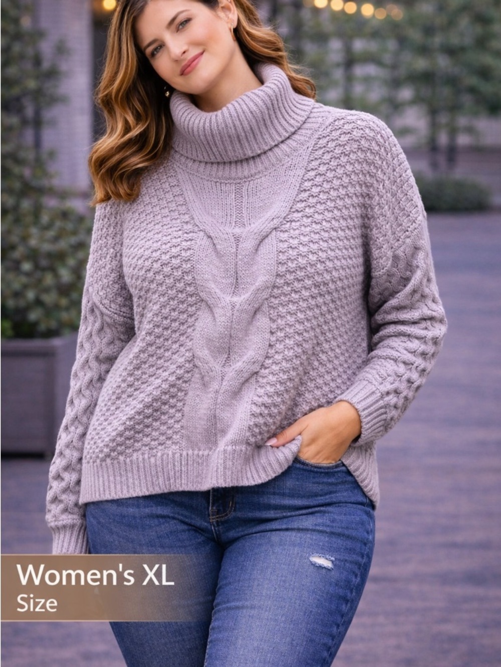 Cozy Cable Knit Turtleneck Sweater - Gray purple XL